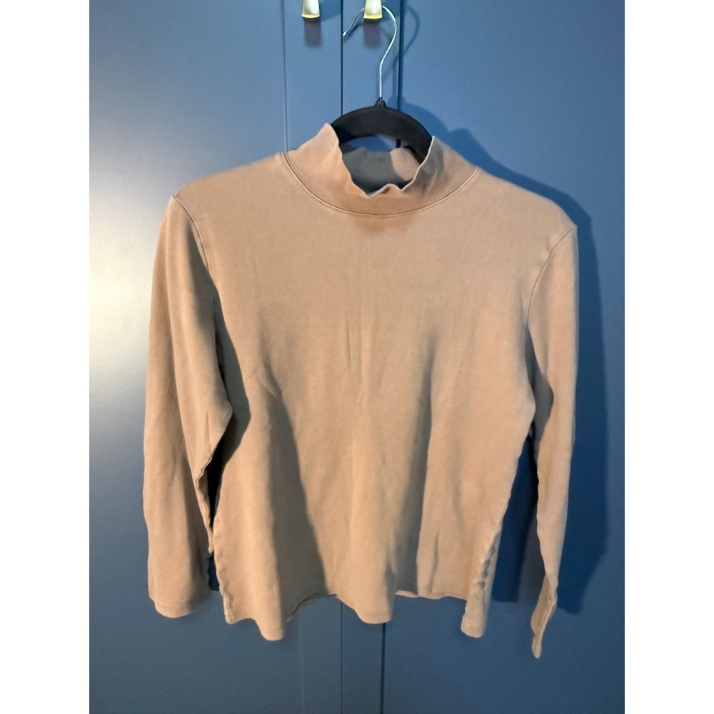 Karen Scott Women Beige Mock Neck Long Sleeve‎ Top Size L 100% Cotton